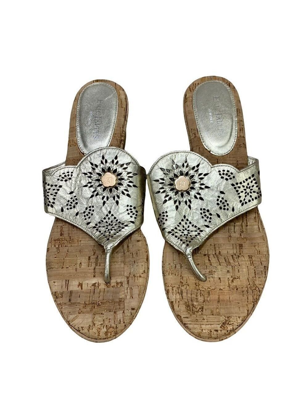 Eric Javits Gold Leather with Cutouts Cork Wedge Thong Sandals 10 NARROW
